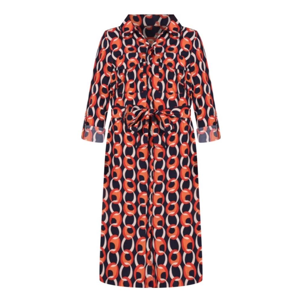 NY Collection | Circle Chain Geometric Belted Long & Roll-up Sleeve Shirt Dress